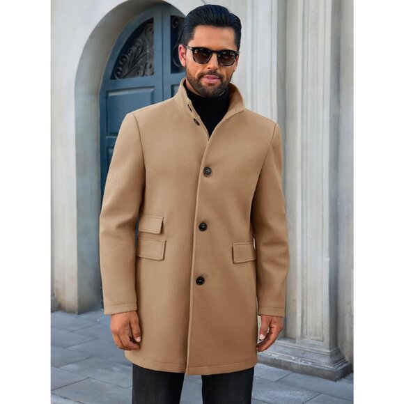 Men's Khaki Pea Coats Single Breasted Stand Collar Casual Slim Fit Trench - Picture 2 of 5